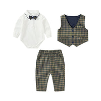 Load image into Gallery viewer, 3 Pieces Set Baby Boys Dressy Bow Rompers Checked Vests Waistcoats And Pants Wholesale 23021397
