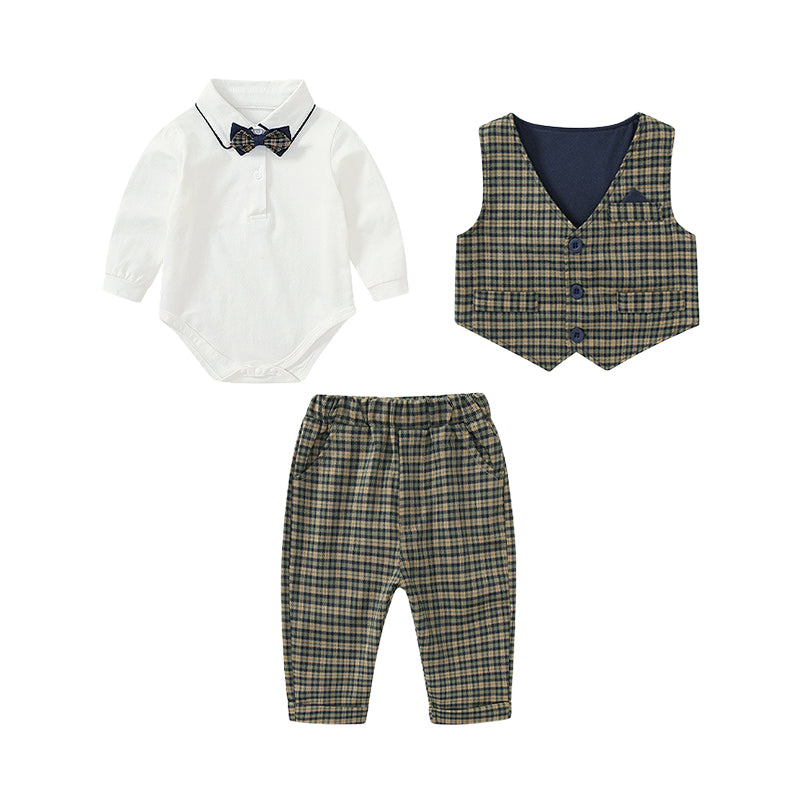 3 Pieces Set Baby Boys Dressy Bow Rompers Checked Vests Waistcoats And Pants Wholesale 23021397