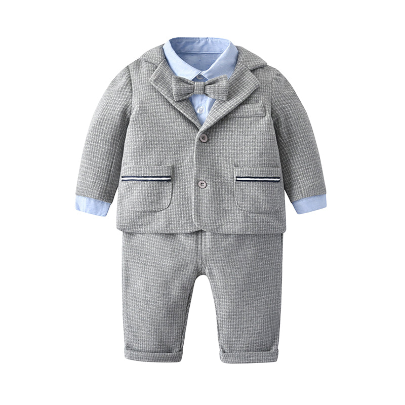 3 Pieces Set Baby Kid Boys Birthday Party Solid Color Bow Shirts Checked Blazers And Jumpsuits Wholesale 23021606