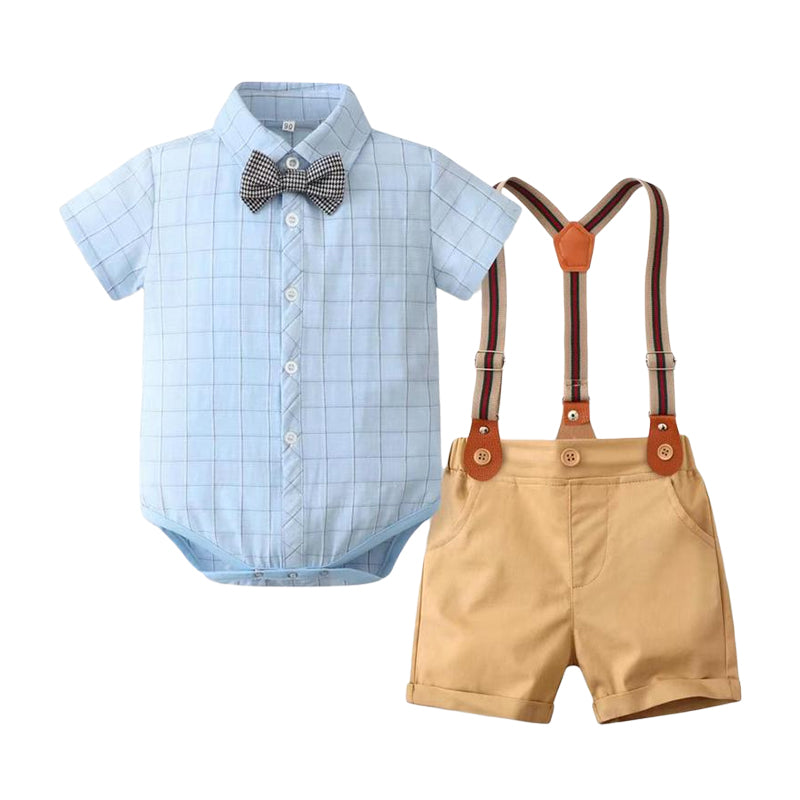 2 Pieces Set Baby Boys Dressy Checked Bow Rompers And Solid Color Suits Jumpsuits Wholesale 230216213