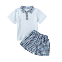 Load image into Gallery viewer, 2 Pieces Set Baby Kid Boys Checked Polo Shirts And Shorts Wholesale 23021642
