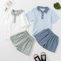 Load image into Gallery viewer, 2 Pieces Set Baby Kid Boys Checked Polo Shirts And Shorts Wholesale 23021642
