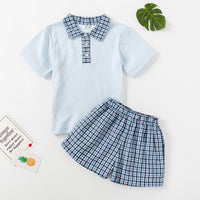 Load image into Gallery viewer, 2 Pieces Set Baby Kid Boys Checked Polo Shirts And Shorts Wholesale 23021642

