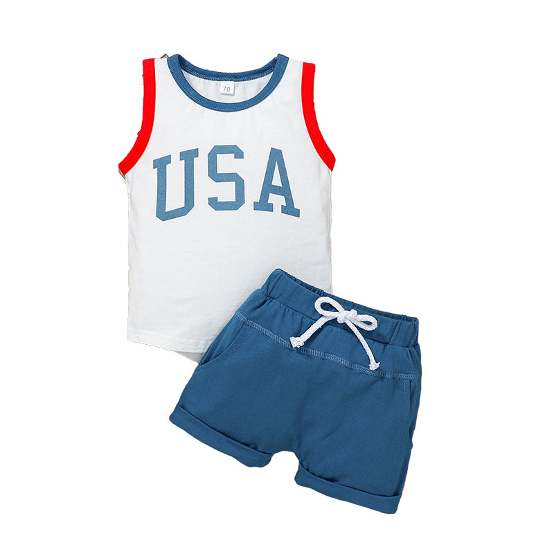 2 Pieces Set Baby Boys Independence Day Letters Tank Tops And Solid Color Shorts Wholesale 23021643
