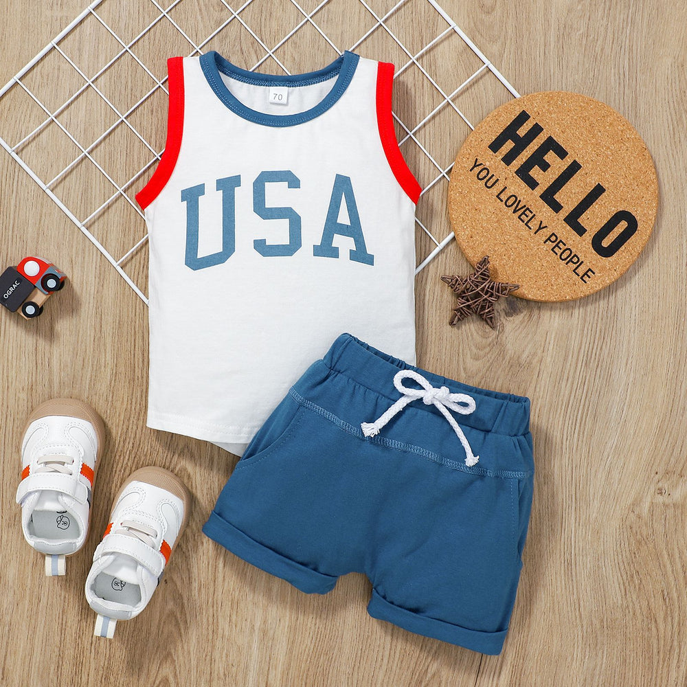 2 Pieces Set Baby Boys Independence Day Letters Tank Tops And Solid Color Shorts Wholesale 23021643