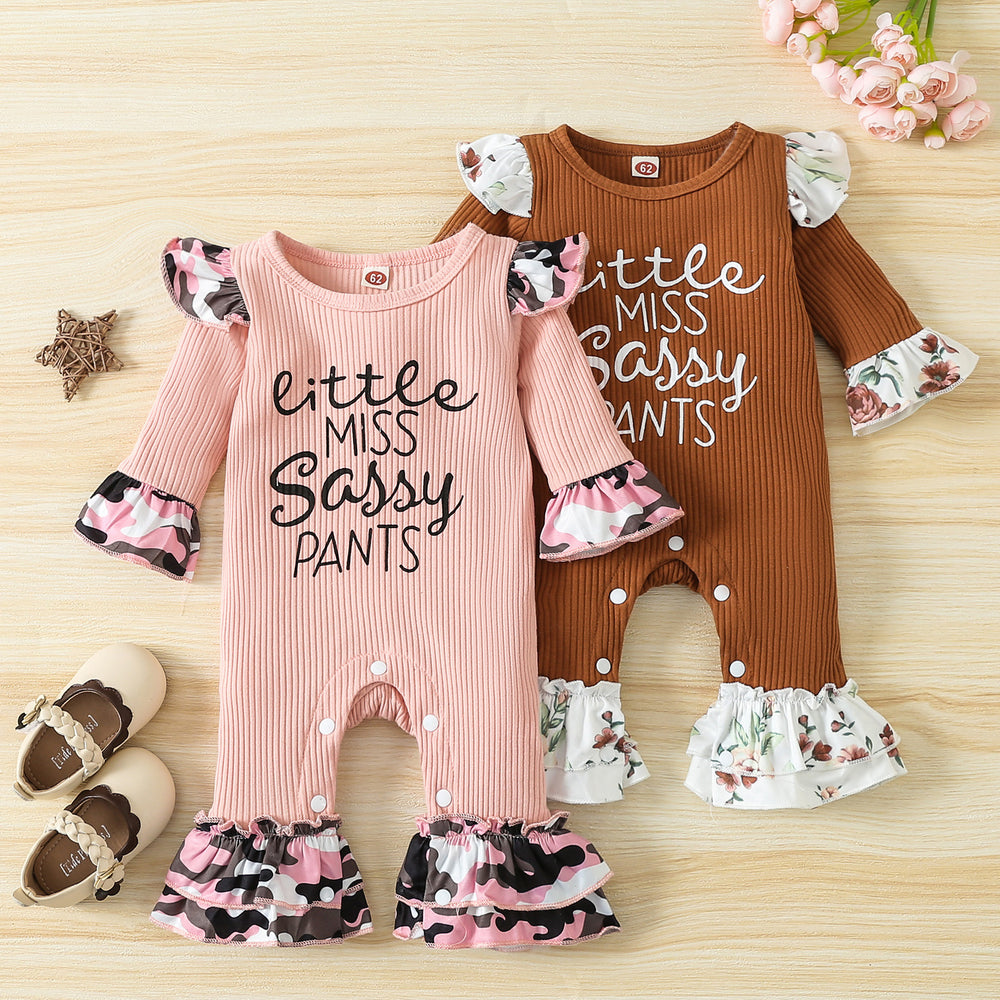 Baby Girls Letters Flower Muslin&Ribbed Jumpsuits Wholesale 23021722