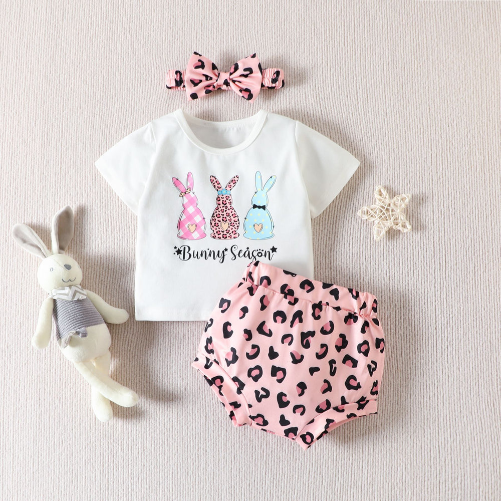 3 Pieces Set Baby Girls Easter Letters Rabbit Print T-Shirts And Leopard Shorts And Headwear Wholesale 230220126