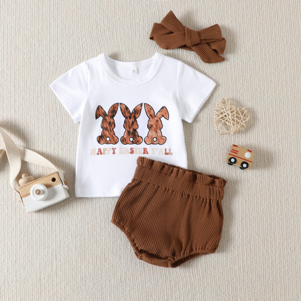 3 Pieces Set Baby Girls Easter Letters Rabbit Print T-Shirts And Solid Color Shorts And Headwear Wholesale 230220127