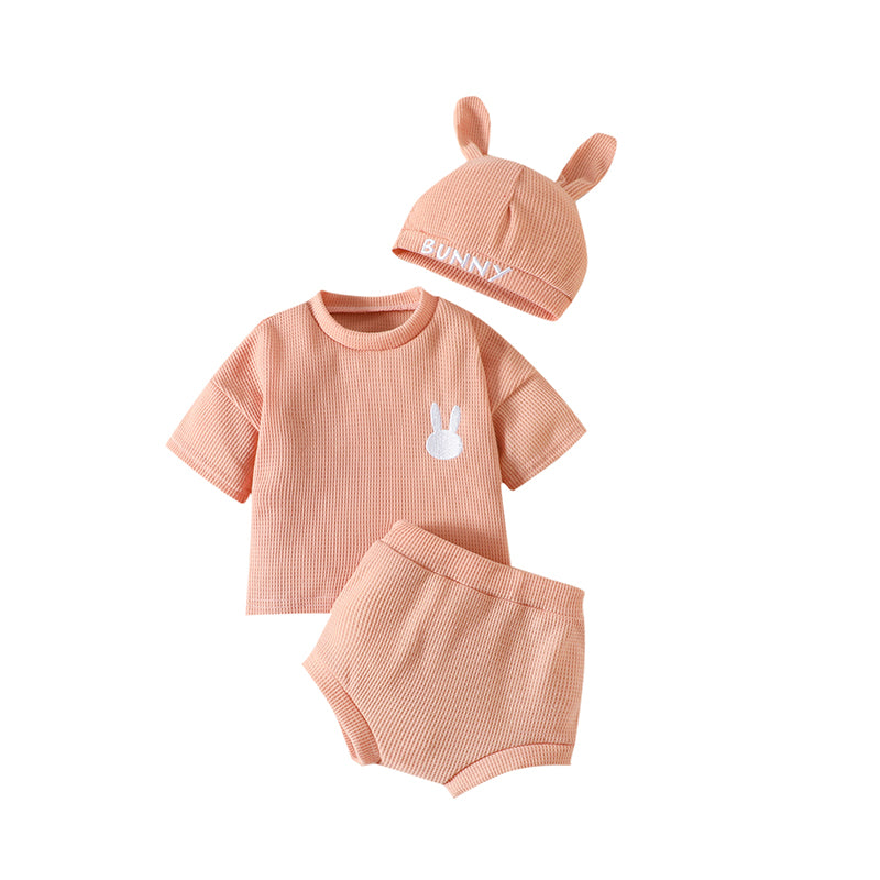 3 Pieces Set Baby Unisex Easter Rabbit Embroidered T-Shirts And Solid Color Shorts And Hats Wholesale 230220128