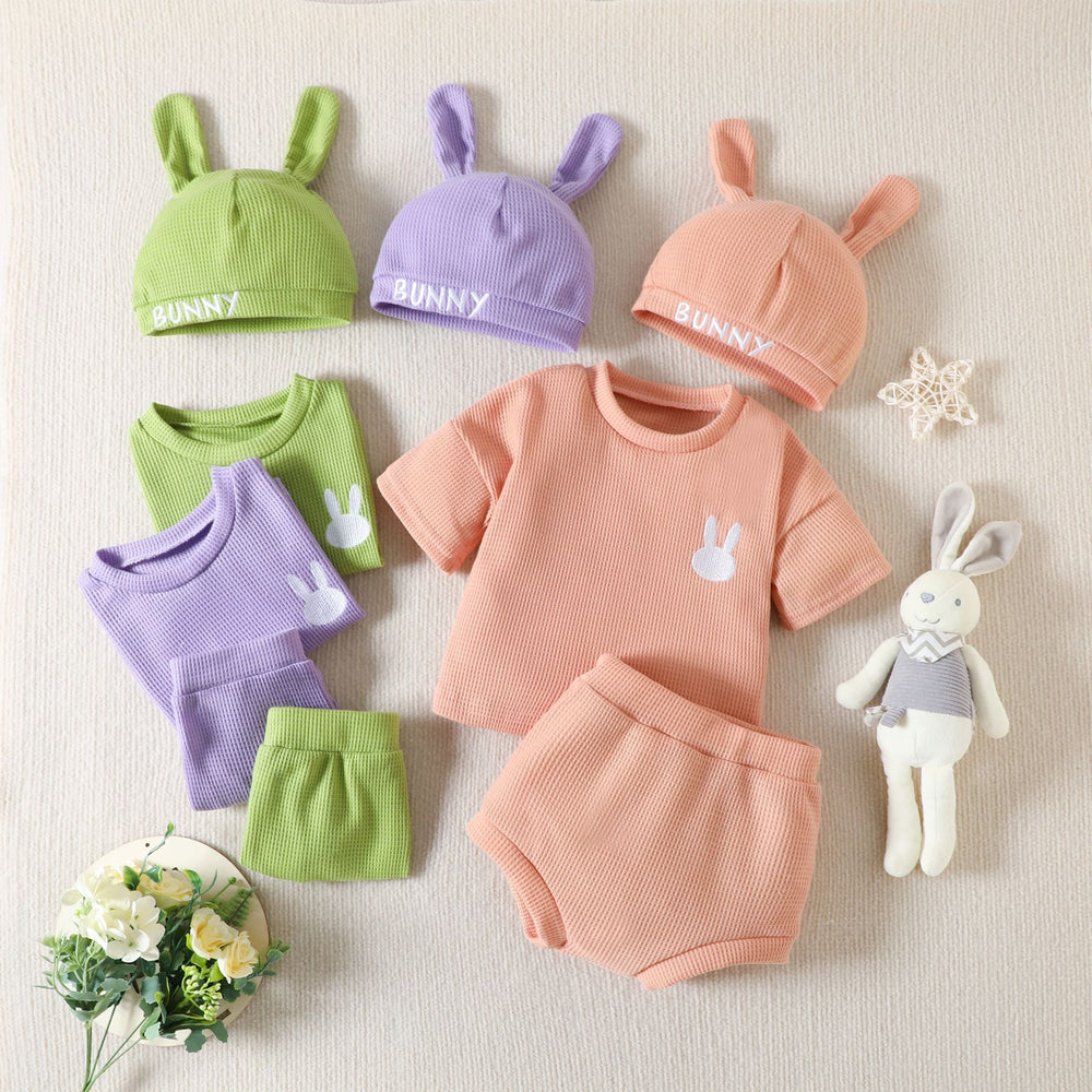 3 Pieces Set Baby Unisex Easter Rabbit Embroidered T-Shirts And Solid Color Shorts And Hats Wholesale 230220128