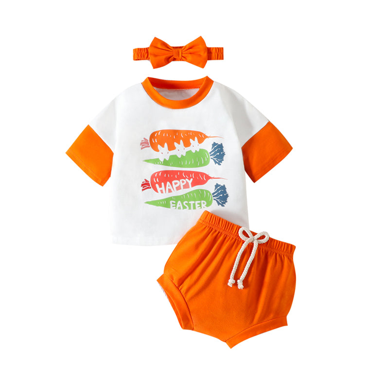 3 Pieces Set Baby Girls Easter Letters Cartoon Print T-Shirts And Solid Color Shorts And Headwear Wholesale 230220132