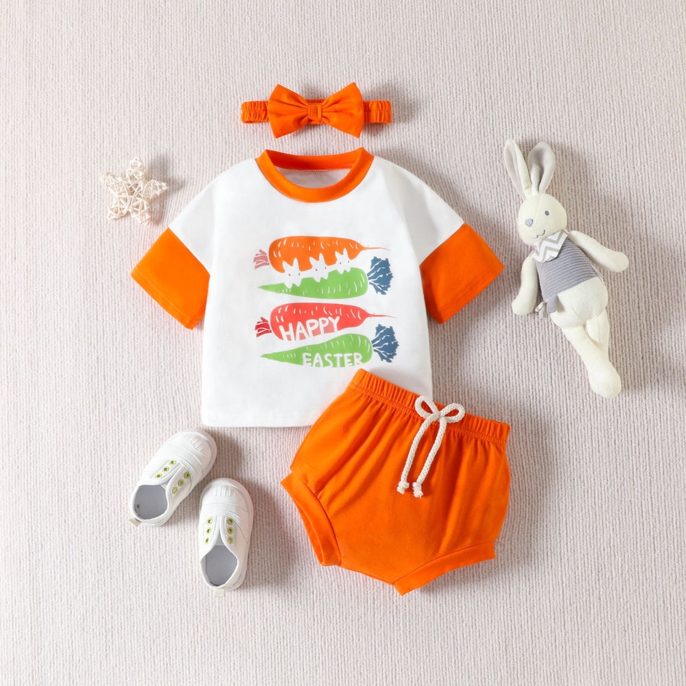 3 Pieces Set Baby Girls Easter Letters Cartoon Print T-Shirts And Solid Color Shorts And Headwear Wholesale 230220132