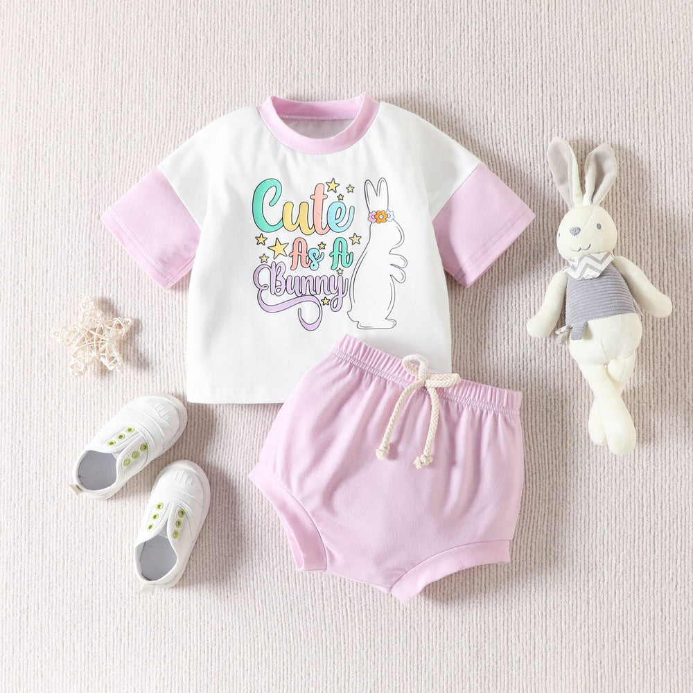 2 Pieces Set Baby Girls Easter Letters Rabbit Print T-Shirts And Solid Color Shorts Wholesale 230220140