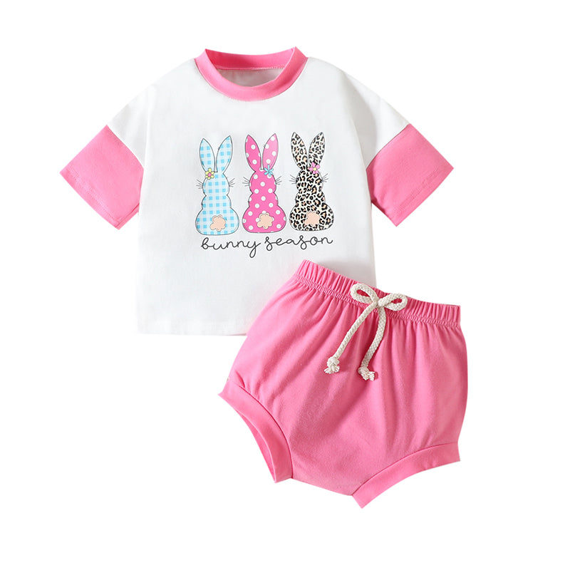2 Pieces Set Baby Girls Easter Rabbit Print T-Shirts And Solid Color Shorts Wholesale 230220141