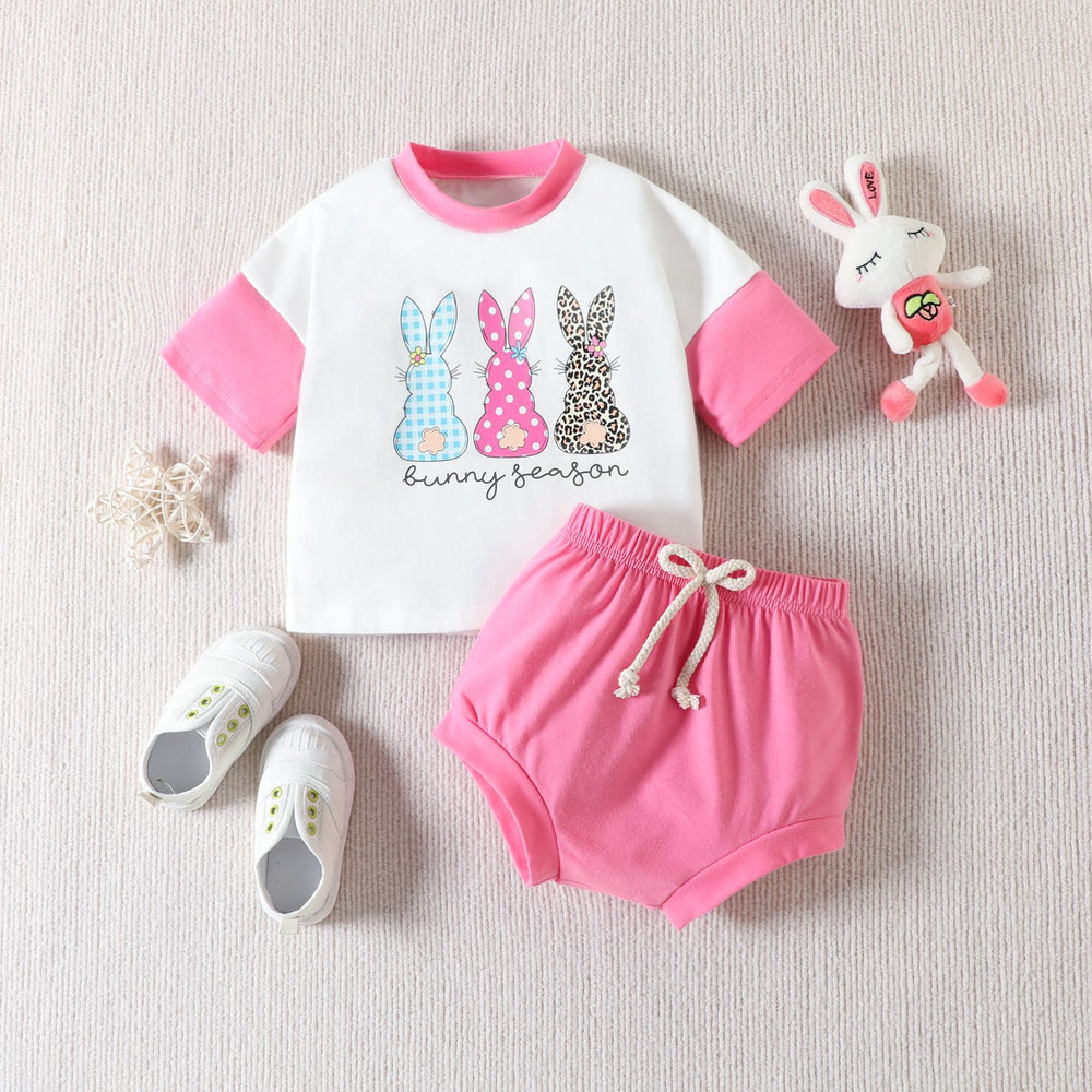 2 Pieces Set Baby Girls Easter Rabbit Print T-Shirts And Solid Color Shorts Wholesale 230220141