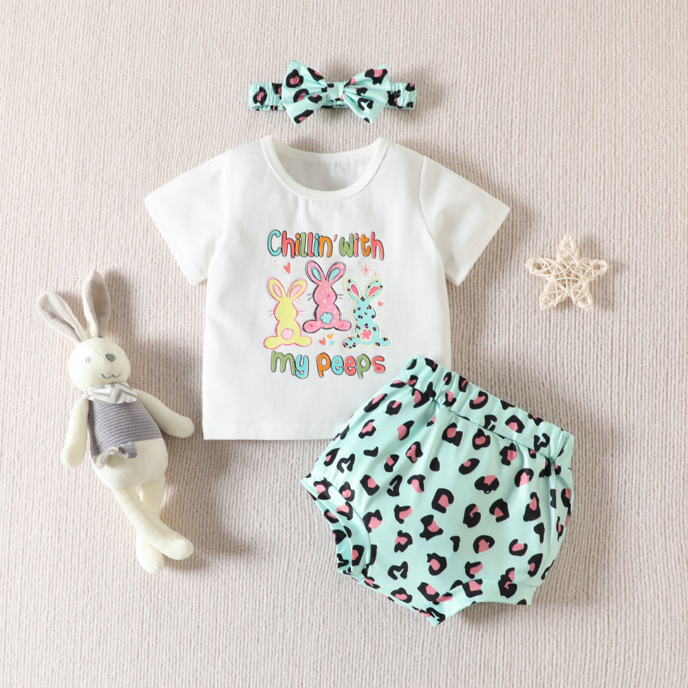 2 Pieces Set Baby Girls Easter Letters Rabbit Cartoon Print T-Shirts And Leopard Shorts Wholesale 230220146
