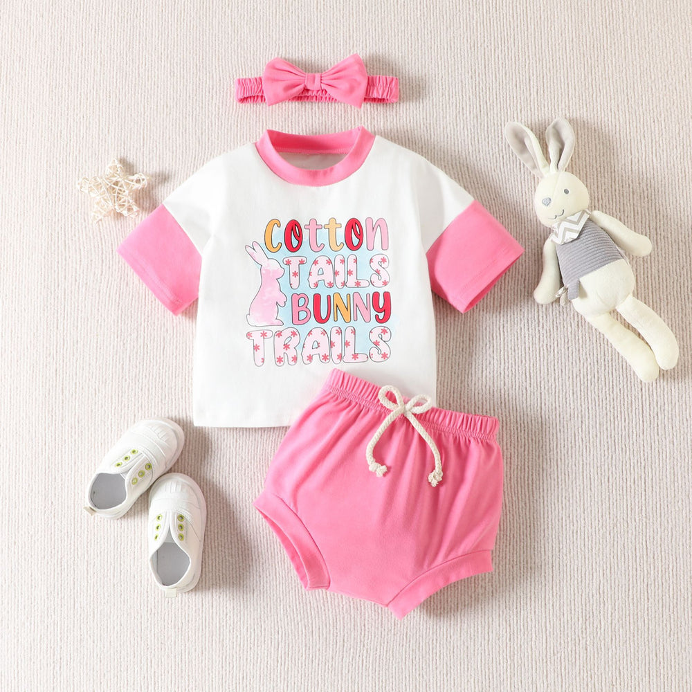 2 Pieces Set Baby Girls Easter Letters Rabbit Print T-Shirts And Solid Color Shorts Wholesale 230220148