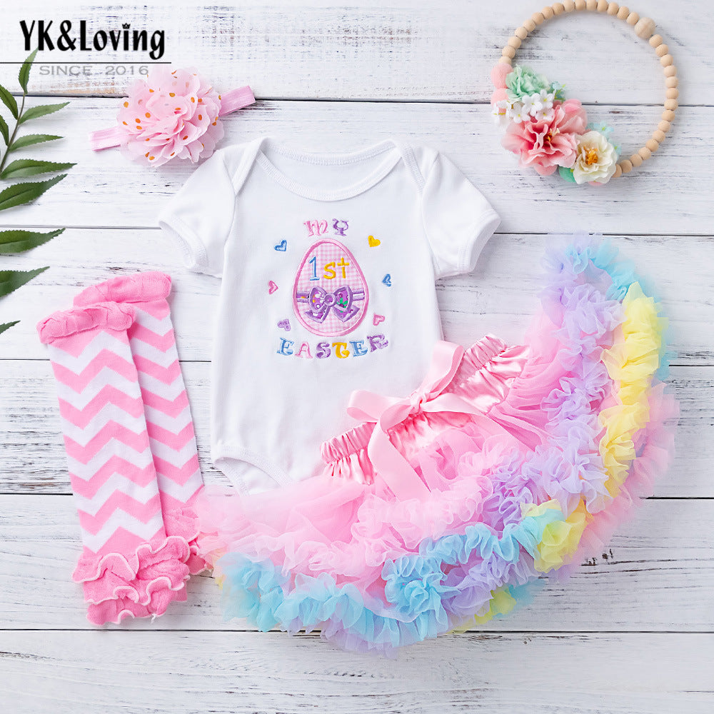 4 Pieces Set Baby Girls Easter Cartoon Print Rompers And Rainbow Skirts And Flower Headwear And Striped Others accessories Wholesale 23022017