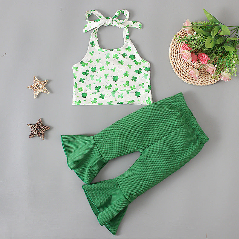 2 Pieces Set Baby Kid Girls St Patrick's Day Clover Print Tank Tops And Solid Color Pants Wholesale 230220177
