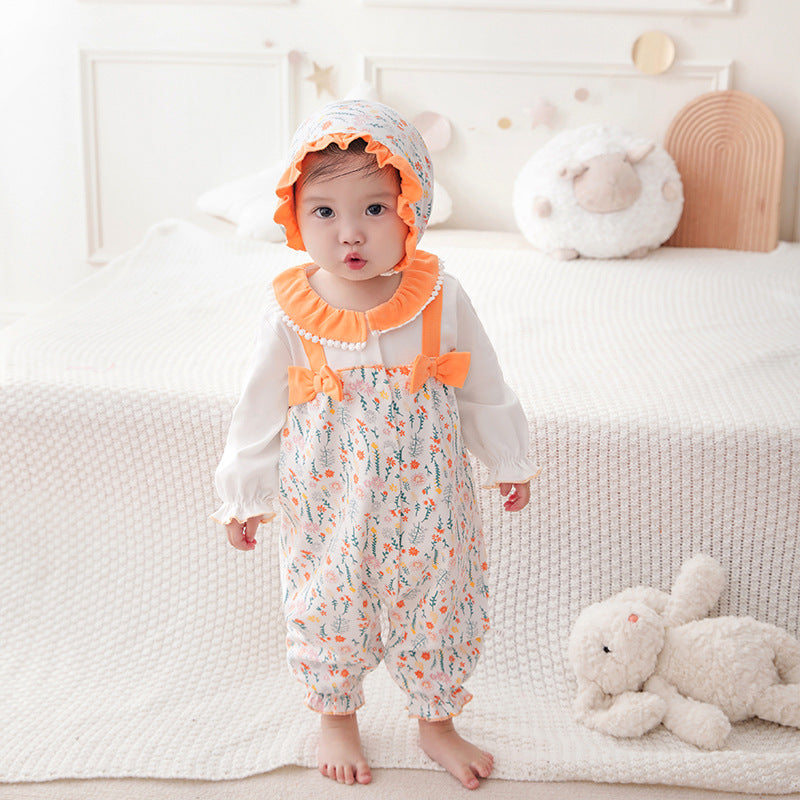 Baby Girls Color-blocking Flower Bow Print Jumpsuits Wholesale 230220223