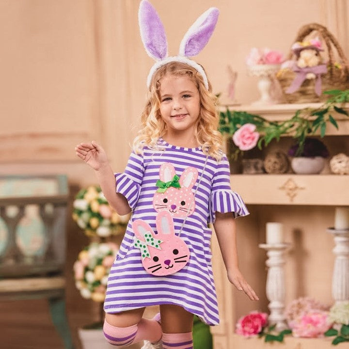 Baby Kid Girls Striped Rabbit Print Easter Dresses Wholesale 23022031