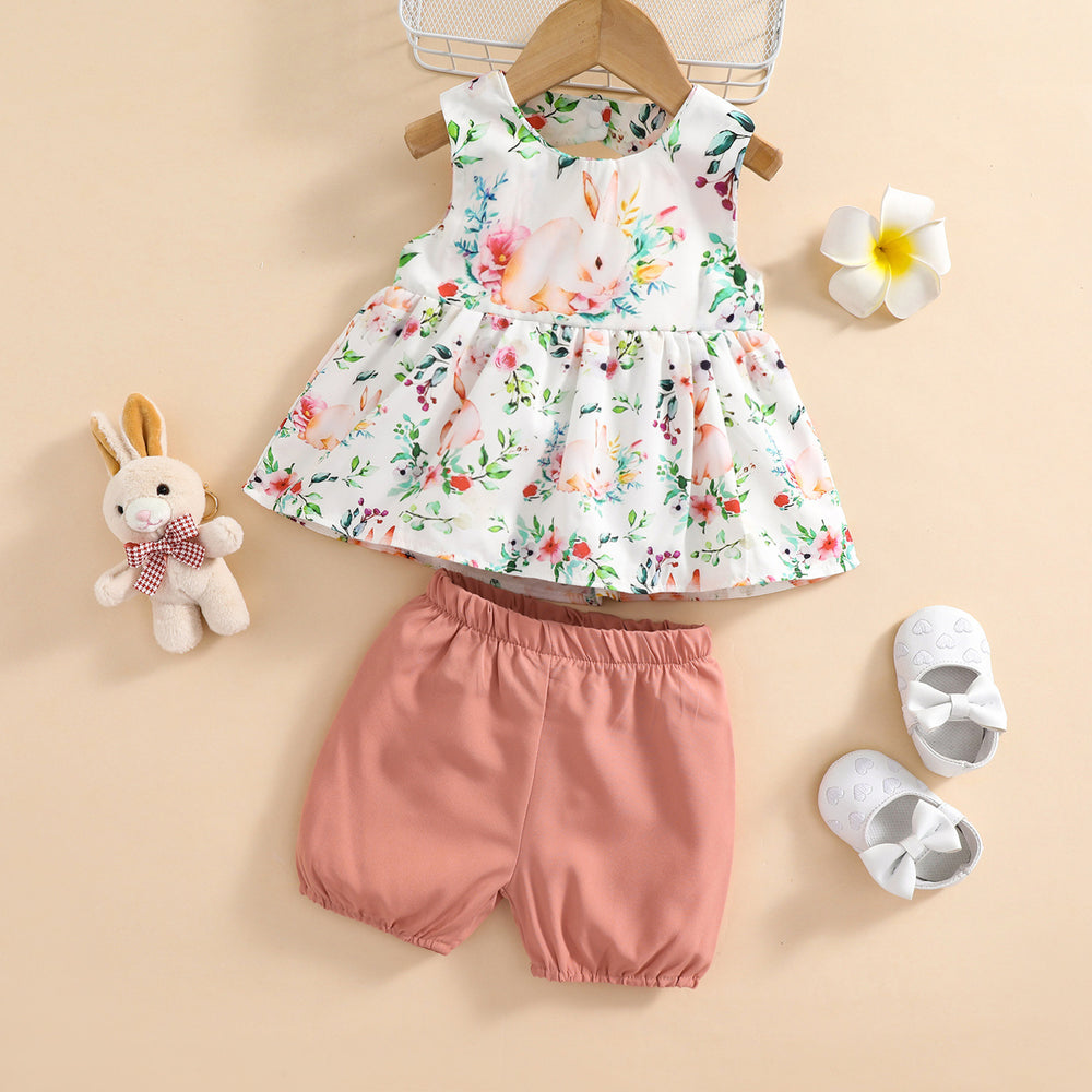 2 Pieces Set Baby Girls Easter Rabbit Print Dresses And Solid Color Shorts Wholesale 23022032
