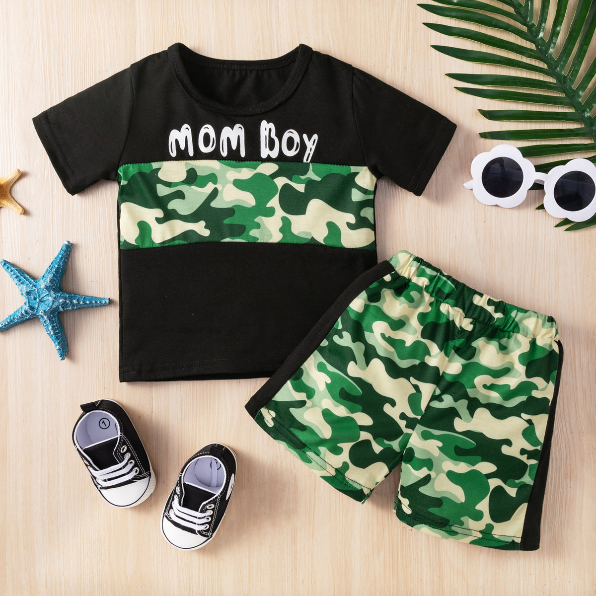 2 Pieces Set Baby Kid Boys Letters Camo Print T-Shirts And Shorts Wholesale 23022042