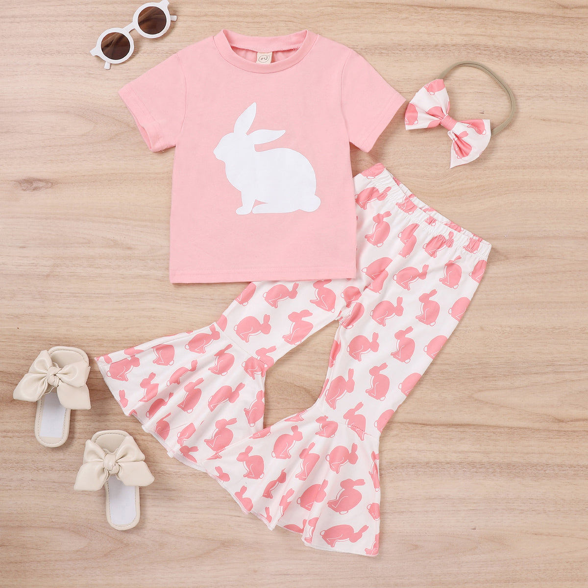 2 Pieces Set Baby Kid Girls Easter Letters Leopard Rabbit T-Shirts And Print Pants Wholesale 230222124