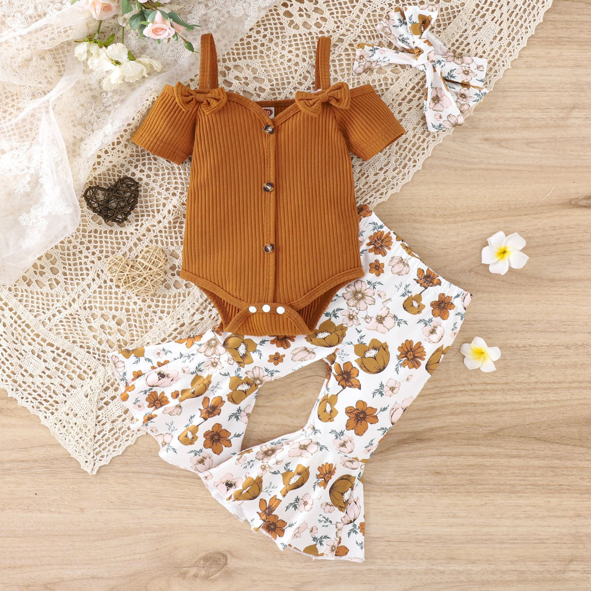 2 Pieces Set Baby Girls Bow Rompers And Flower Pants Wholesale 230222128