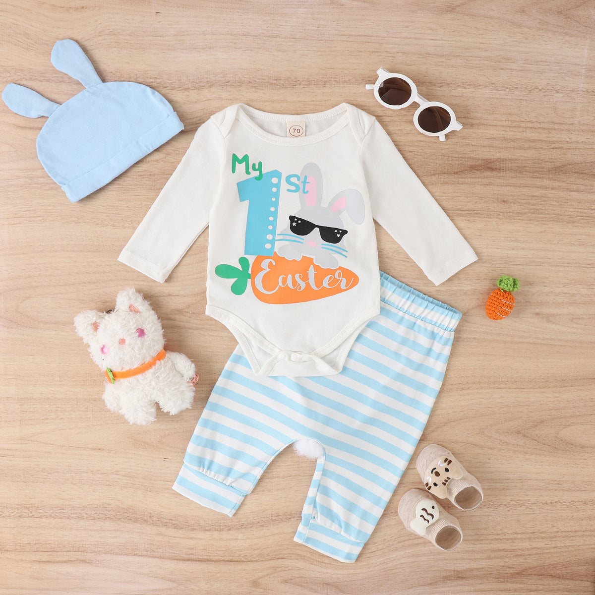3 Pieces Set Baby Unisex Easter Cartoon Print Rompers Striped Pants And Solid Color Hats Wholesale 230222147