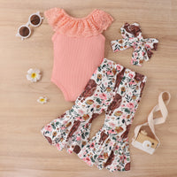 Load image into Gallery viewer, 2 Pieces Set Baby Girls Solid Color Muslin&amp;Ribbed Print Rompers Flower And Cartoon Pants Wholesale 230222167
