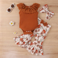 Load image into Gallery viewer, 2 Pieces Set Baby Girls Solid Color Muslin&amp;Ribbed Print Rompers Flower And Cartoon Pants Wholesale 230222167
