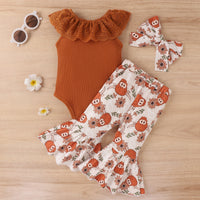 Load image into Gallery viewer, 2 Pieces Set Baby Girls Solid Color Muslin&amp;Ribbed Print Rompers Flower And Cartoon Pants Wholesale 230222167
