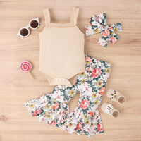 Load image into Gallery viewer, 2 Pieces Set Baby Girls Solid Color Muslin&amp;Ribbed Print Rompers Flower And Cartoon Pants Wholesale 230222167
