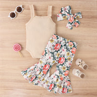 Load image into Gallery viewer, 2 Pieces Set Baby Girls Solid Color Muslin&amp;Ribbed Print Rompers Flower And Cartoon Pants Wholesale 230222167
