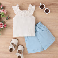 Load image into Gallery viewer, 2 Pieces Set Baby Kid Girls Solid Color Muslin&amp;Ribbed Tank Tops And Shorts Wholesale 230222170
