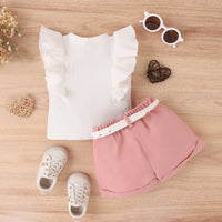 Load image into Gallery viewer, 2 Pieces Set Baby Kid Girls Solid Color Muslin&amp;Ribbed Tank Tops And Shorts Wholesale 230222170
