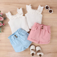 Load image into Gallery viewer, 2 Pieces Set Baby Kid Girls Solid Color Muslin&amp;Ribbed Tank Tops And Shorts Wholesale 230222175

