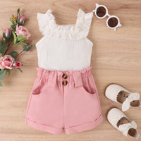 Load image into Gallery viewer, 2 Pieces Set Baby Kid Girls Solid Color Muslin&amp;Ribbed Tank Tops And Shorts Wholesale 230222175
