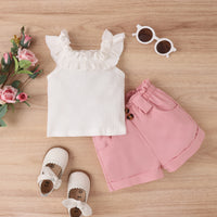 Load image into Gallery viewer, 2 Pieces Set Baby Kid Girls Solid Color Muslin&amp;Ribbed Tank Tops And Shorts Wholesale 230222175
