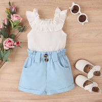 Load image into Gallery viewer, 2 Pieces Set Baby Kid Girls Solid Color Muslin&amp;Ribbed Tank Tops And Shorts Wholesale 230222175
