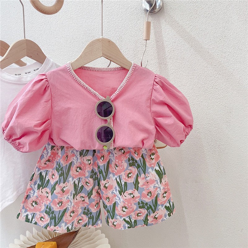 2 Pieces Set Baby Kid Girls Solid Color Print Tops And Flower Shorts Wholesale 230222176