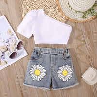 Load image into Gallery viewer, 2 Pieces Set Baby Kid Girls Solid Color Print T-Shirts And Flower Shorts Wholesale 230222200
