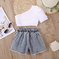 Load image into Gallery viewer, 2 Pieces Set Baby Kid Girls Solid Color Print T-Shirts And Flower Shorts Wholesale 230222200
