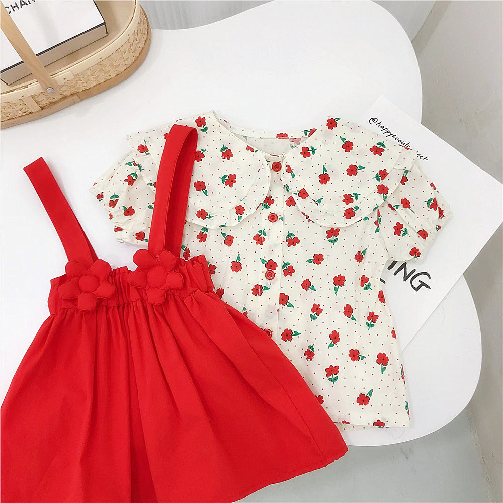 2 Pieces Set Baby Kid Girls Flower Tops And Solid Color Dresses Wholesale 23022229