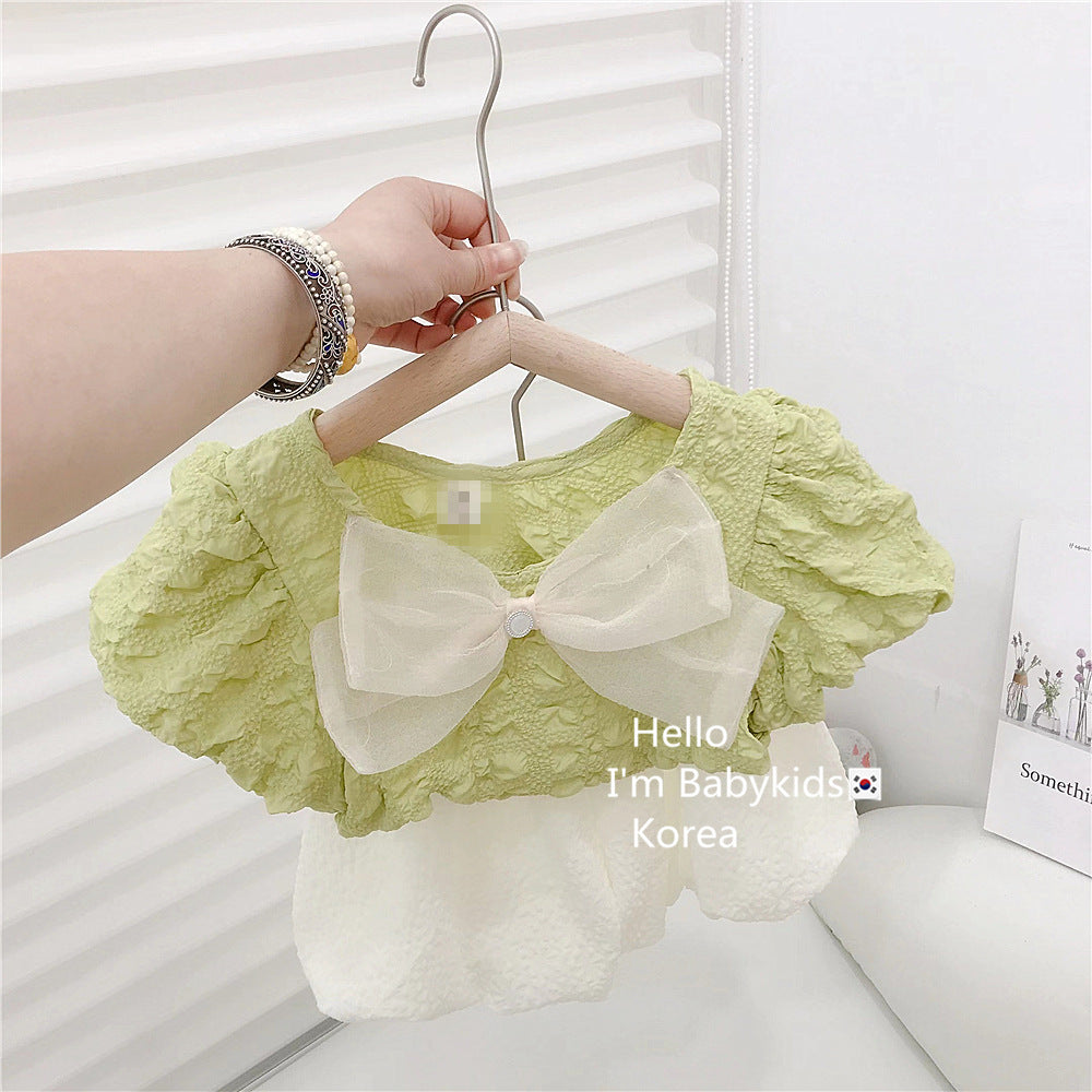 2 Pieces Set Baby Kid Girls Bow Tops And Solid Color Shorts Wholesale 23022232