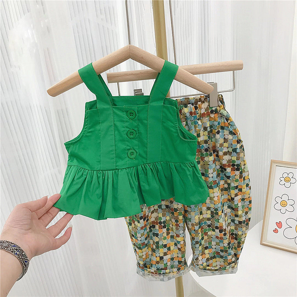 2 Pieces Set Baby Kid Girls Solid Color Tank Tops And Print Pants Wholesale 23022244