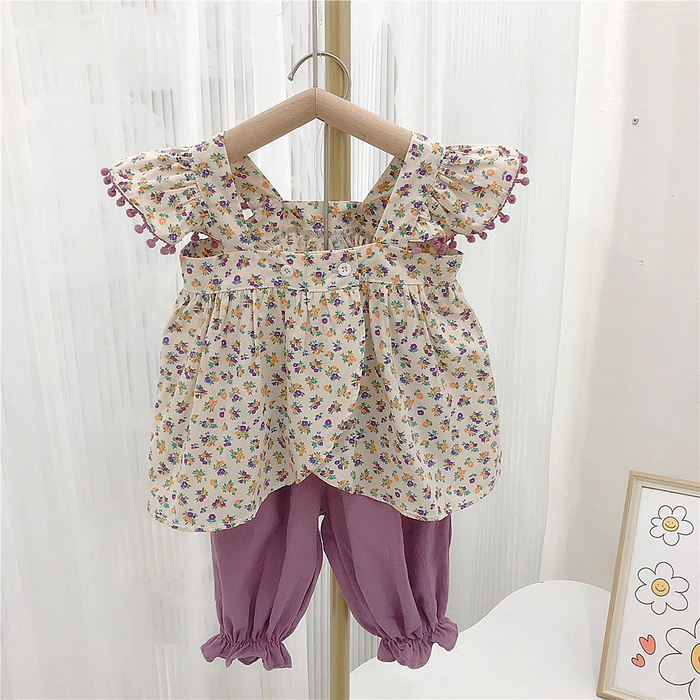 2 Pieces Set Baby Kid Girls Flower Print Tank Tops And Solid Color Pants Wholesale 23022248