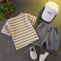 Load image into Gallery viewer, 2 Pieces Set Baby Kid Boys Striped T-Shirts And Solid Color Shorts Wholesale 23022408
