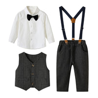Load image into Gallery viewer, 3 Pieces Set Baby Kid Boys Solid Color Bow Shirts And Checked Vests Waistcoats And Pants Suits Wholesale 230224115
